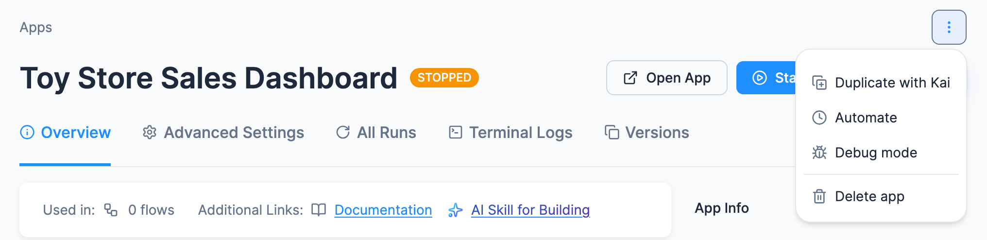 A stopped app's header with Open App and the ⋮ menu open over the Start button: Duplicate with Kai, Automate, Debug mode and Delete app